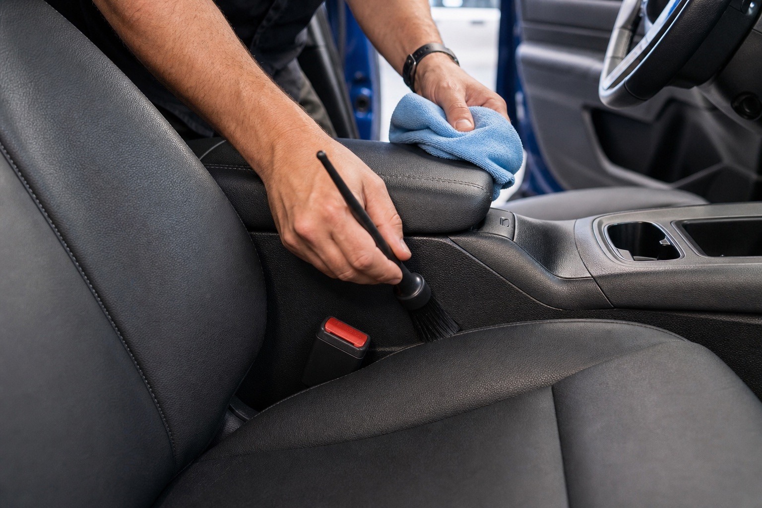 Detailer brushing an overlooked seam beside a vehicle seat and center console