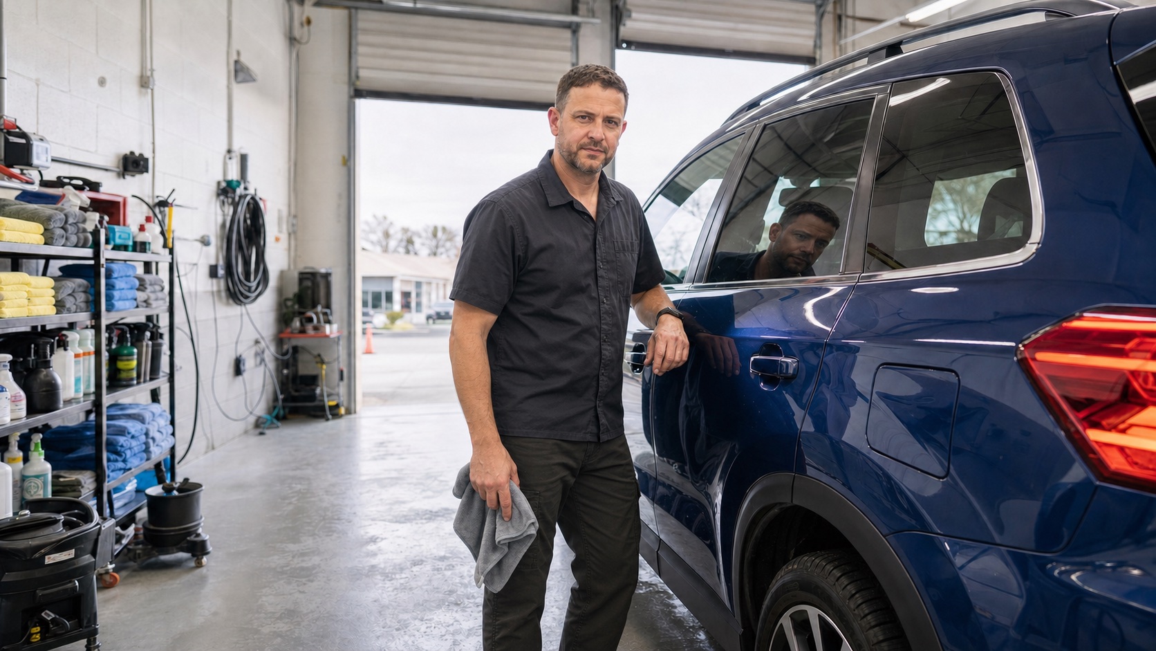 MAX Detailing owner standing beside a clean blue SUV in his bright working shop